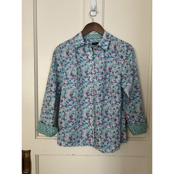 Talbots Tops - Talbots Floral Button Collared Blouse Womens Size MP Blue Classic Comfort NWT